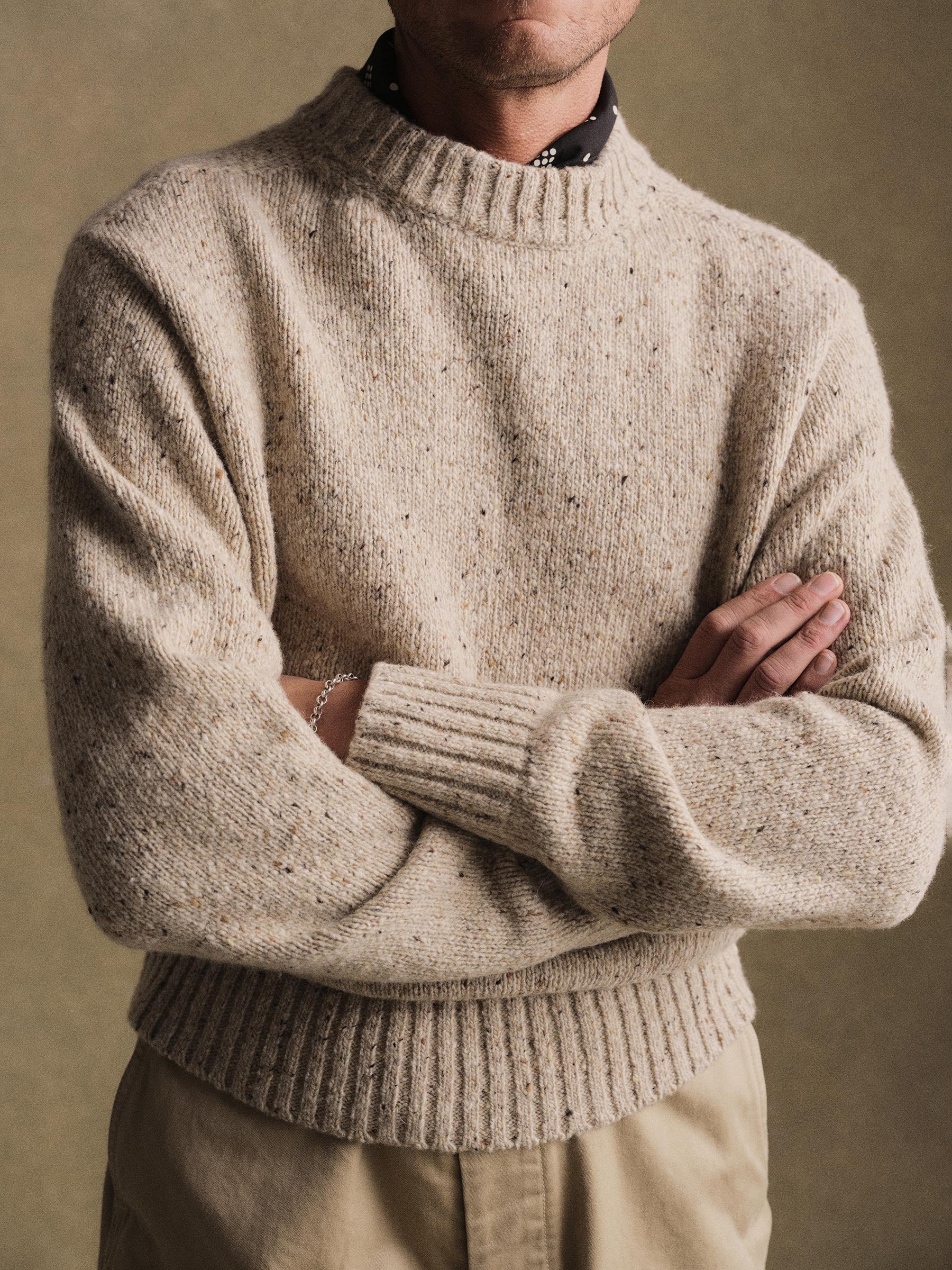 Heather Flax Seastack Wool Tweed Mock Turtleneck