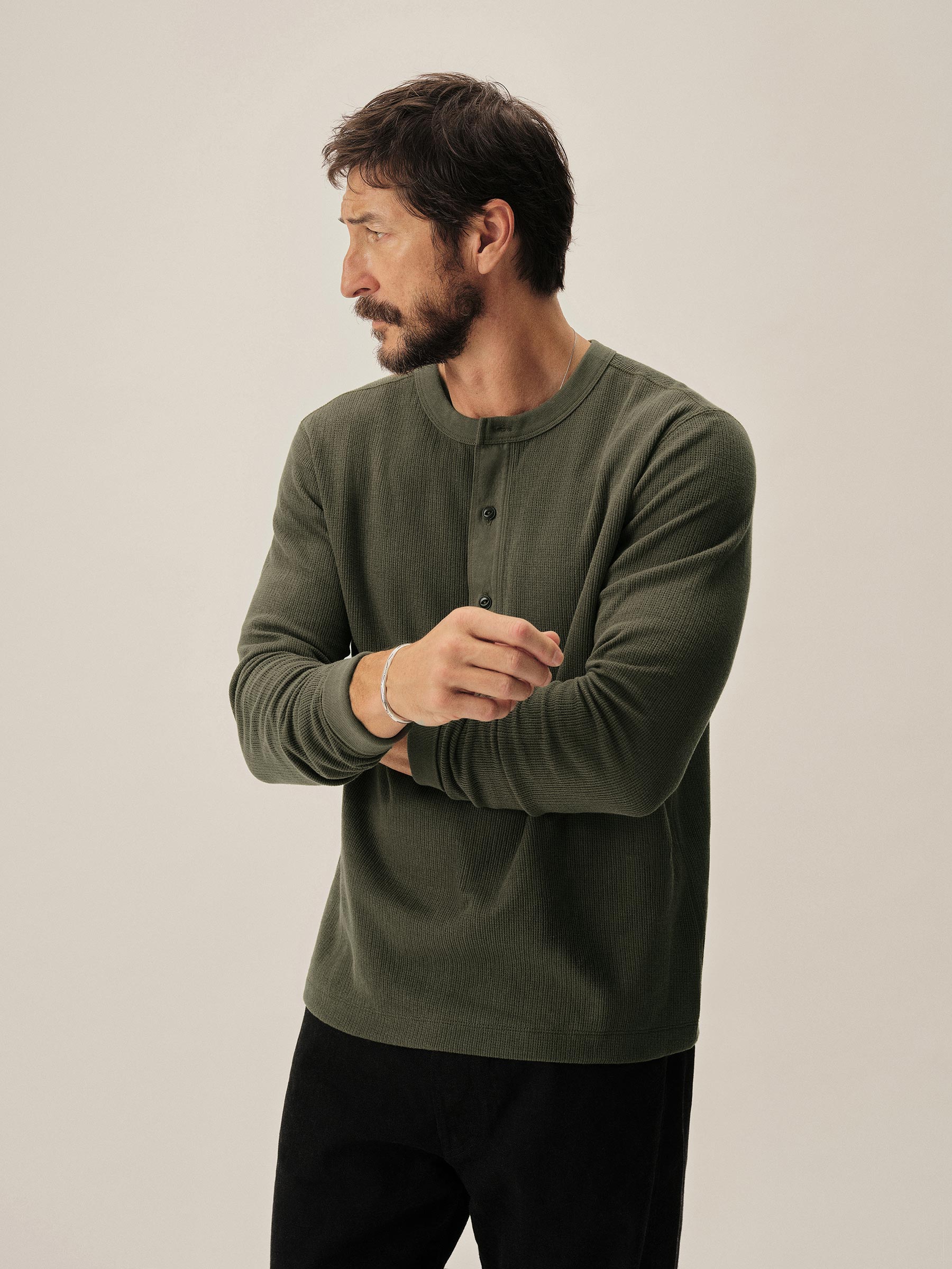 Dark Olive Vintage Thermal Henley