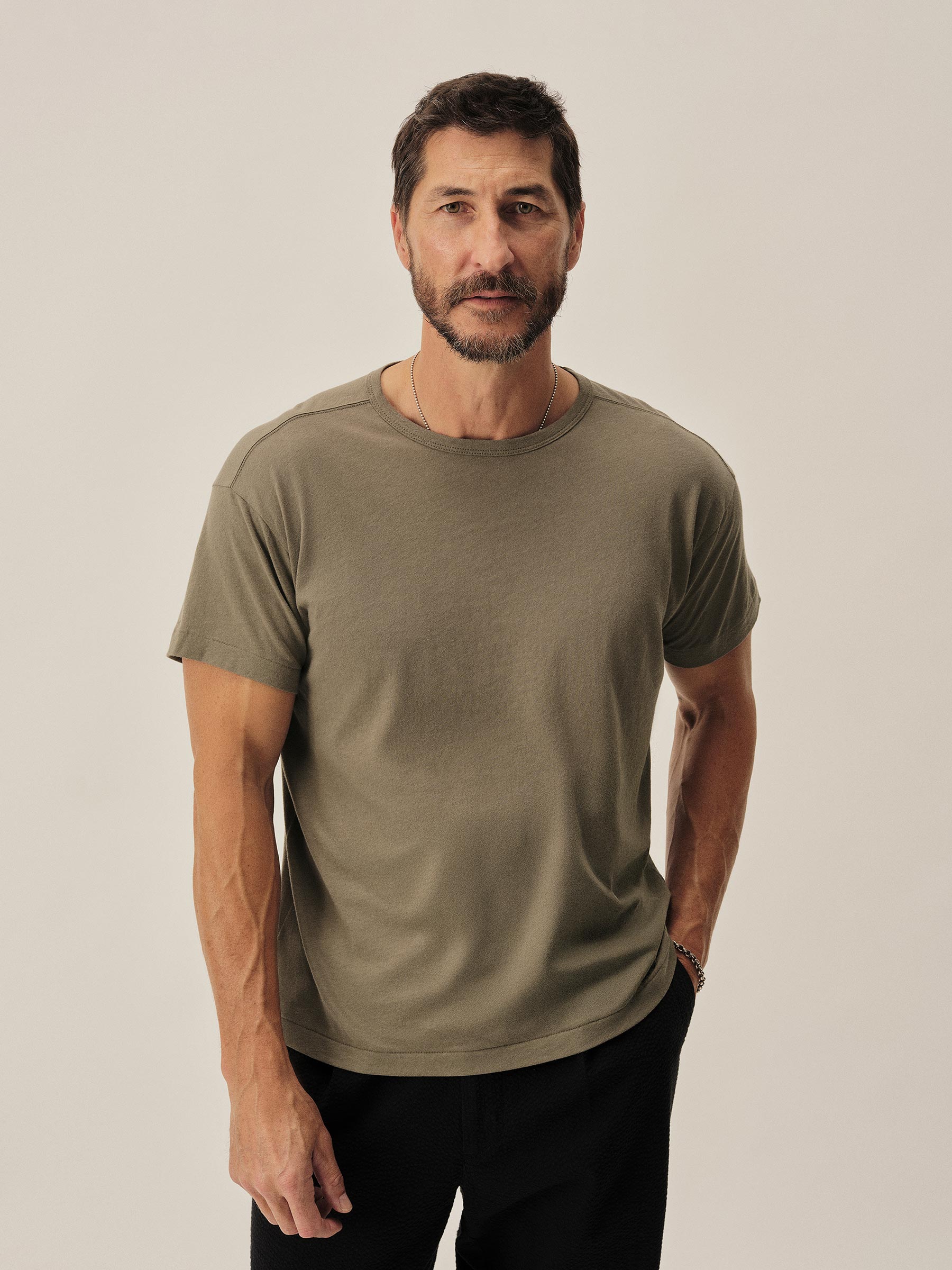 Alternative view of Dry Olive Japanese De-Luxe Cotton Linen Knit Tee