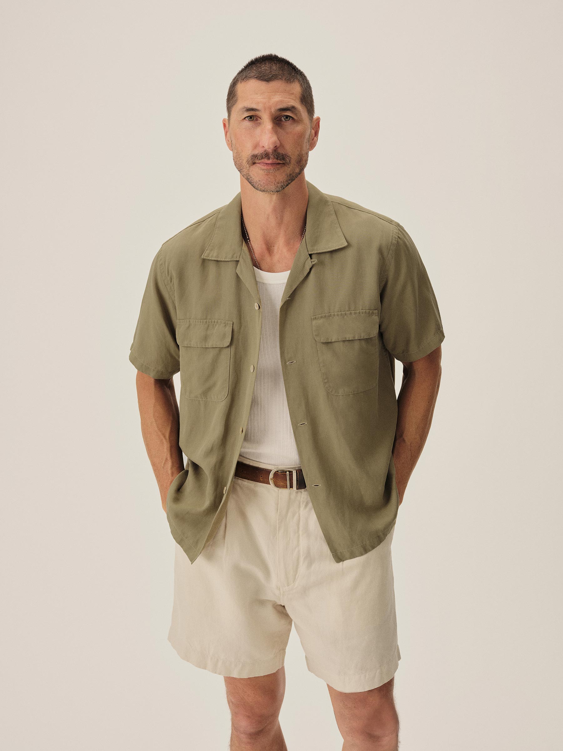 Alternative view of Aloe Green Draped Linen Deuce Coupe Camp Shirt