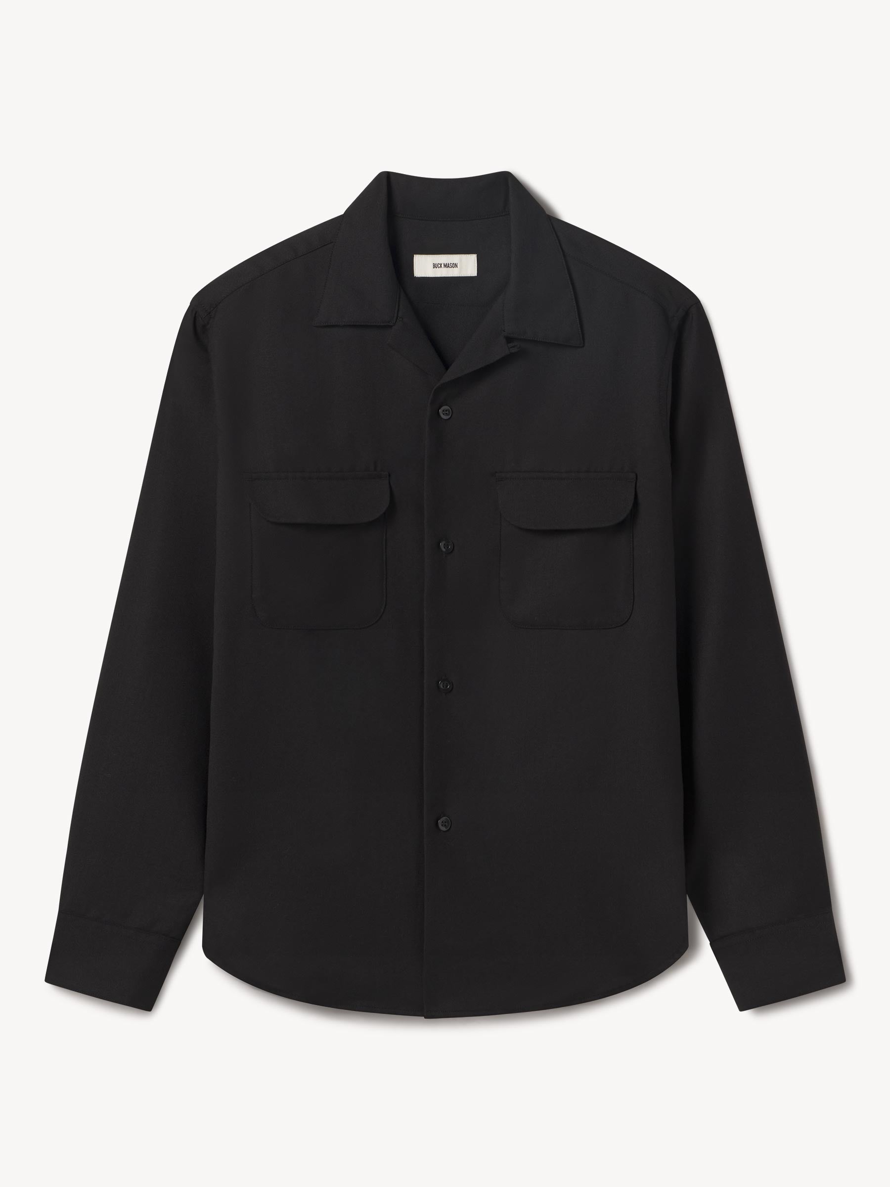 Black Wool Gabardine Diamondhead Camp Shirt