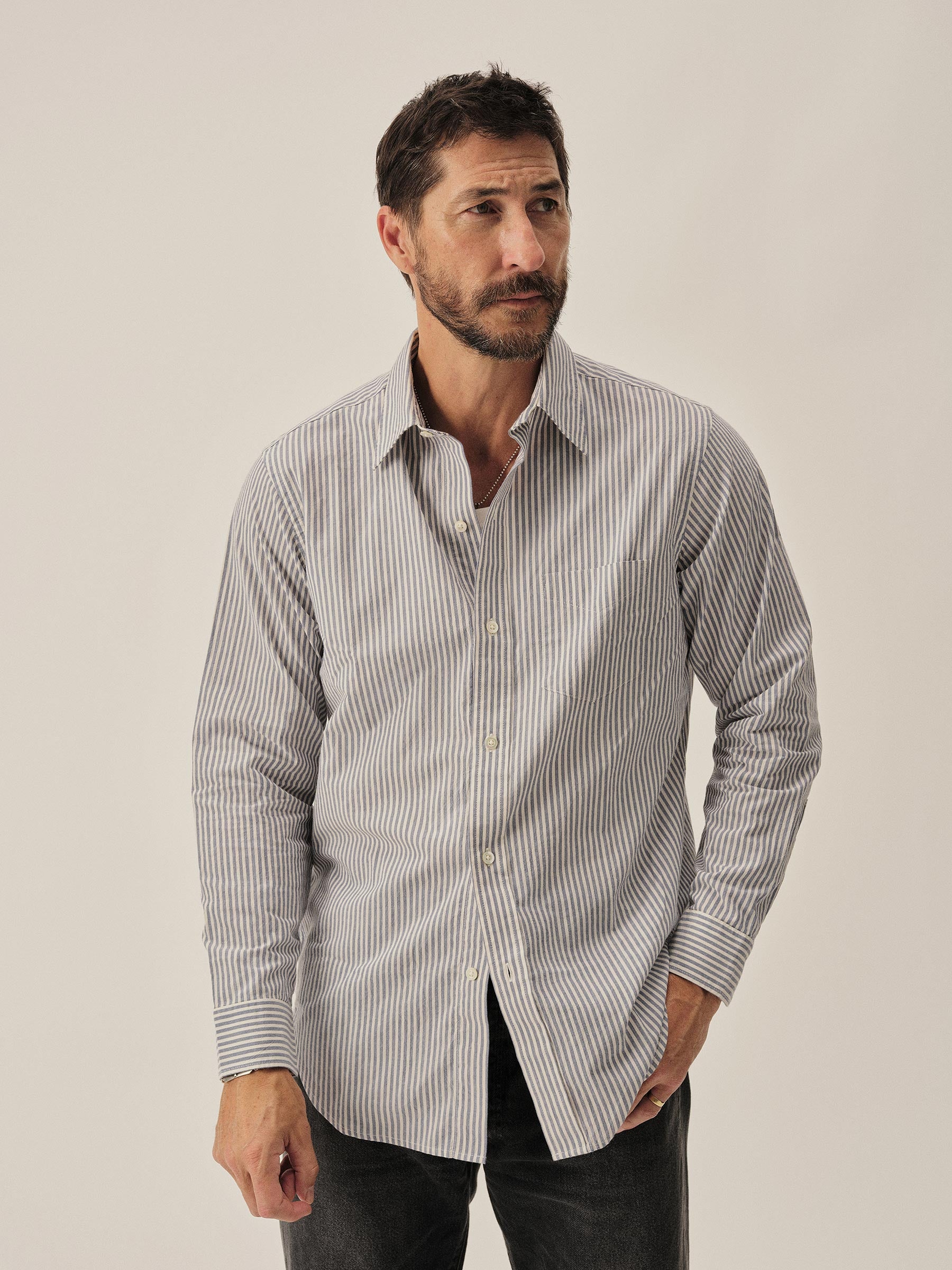 White / Blue Coronado Stripe Wornwell One Pocket Shirt