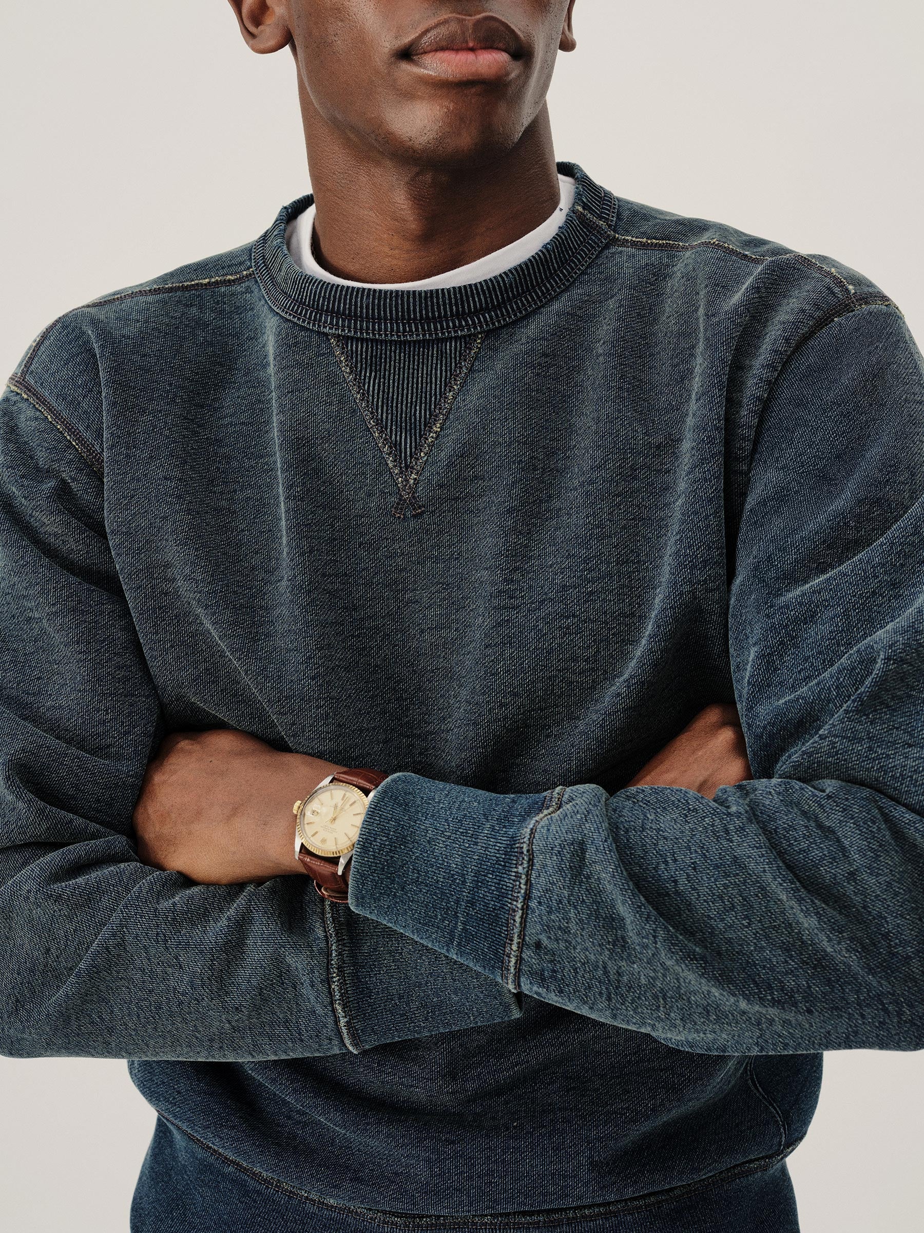 Alternative view of D038 Double Indigo Loopback Double V Crew Sweatshirt