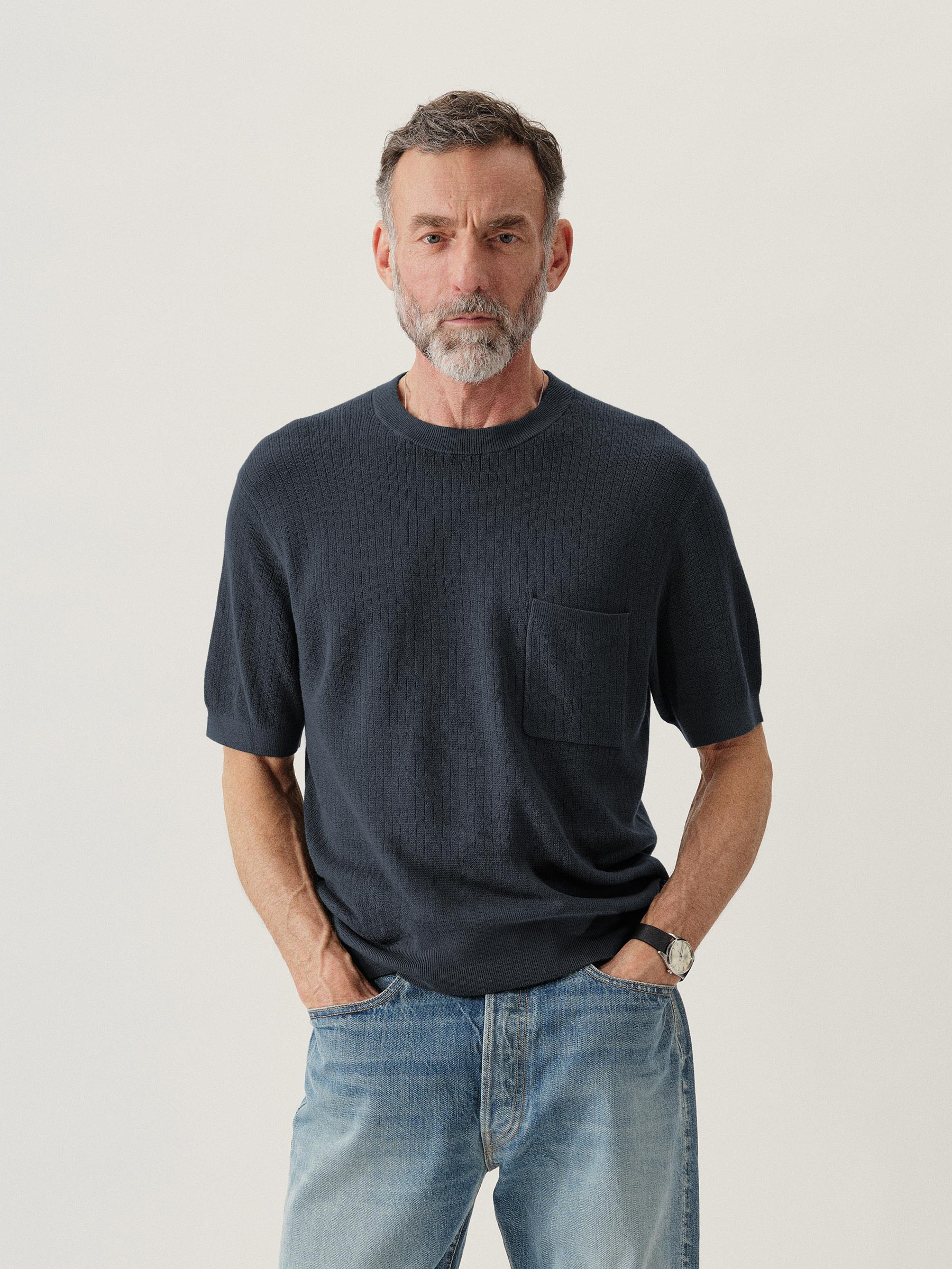 Alternative view of Washed Navy Yuma Hemp Rib Knit Pocket Tee