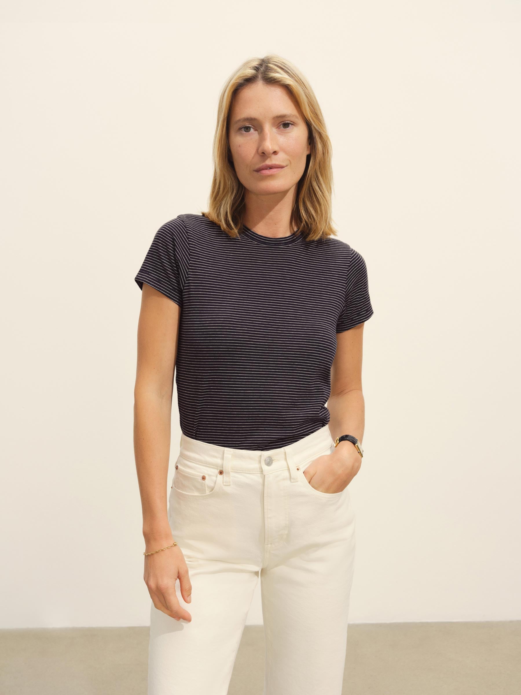 Alternative view of Navy/Natural Seaport Stripe Slim Crew