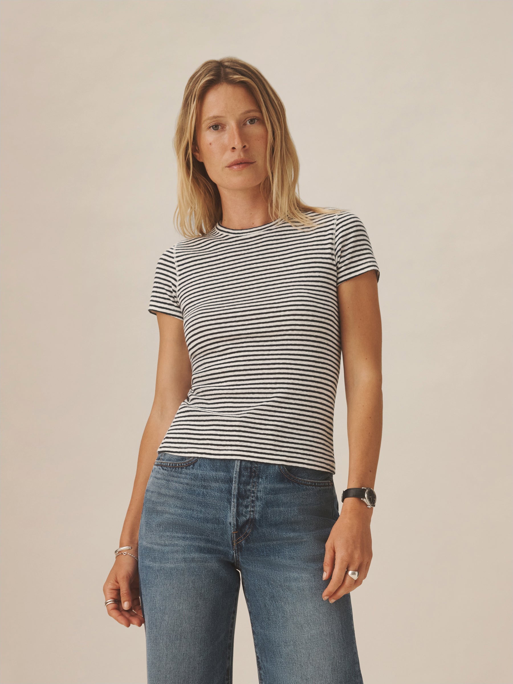 Natural / Navy Stripe Heirloom Rib S/S Tee - Image 3