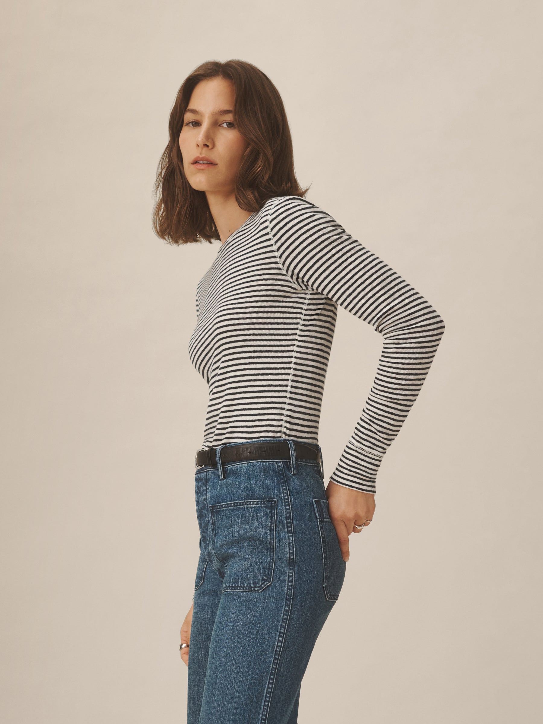 Alternative view of Natural / Navy Stripe Heirloom Rib L/S Crew