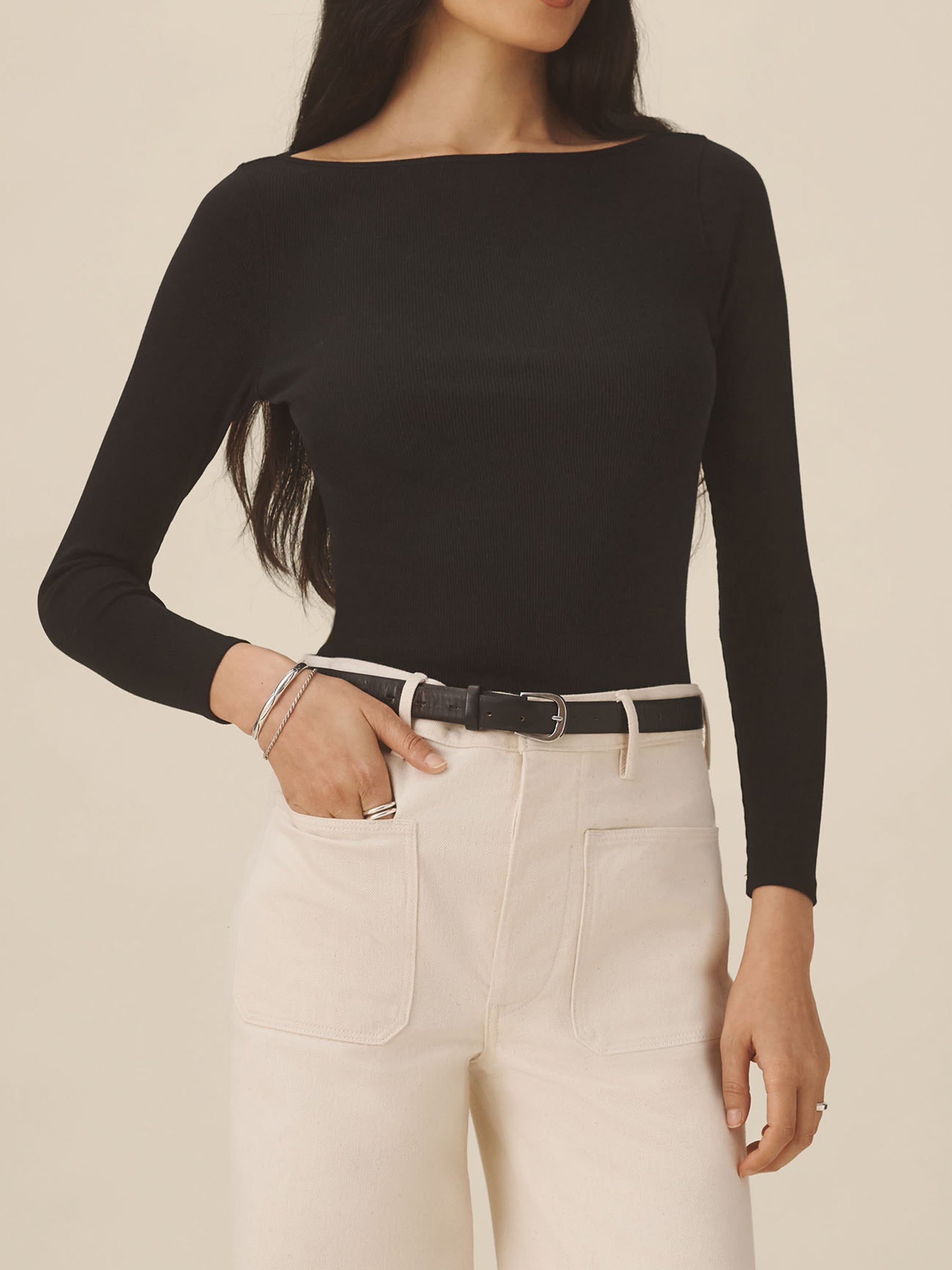 Black Surplus Rib Bateau Neck L/S