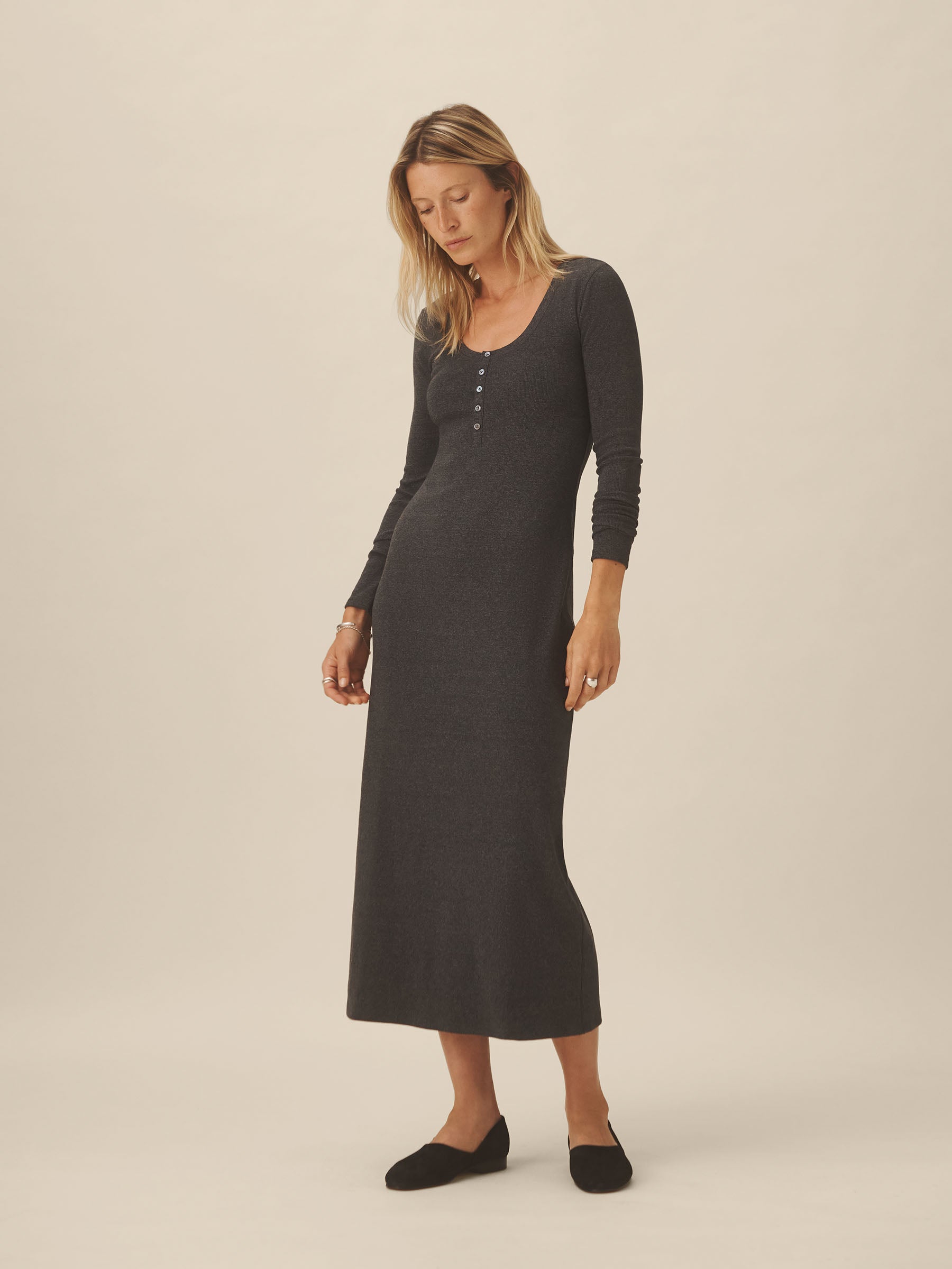 Dark Heather Grey Surplus Rib Scoop Henley Dress