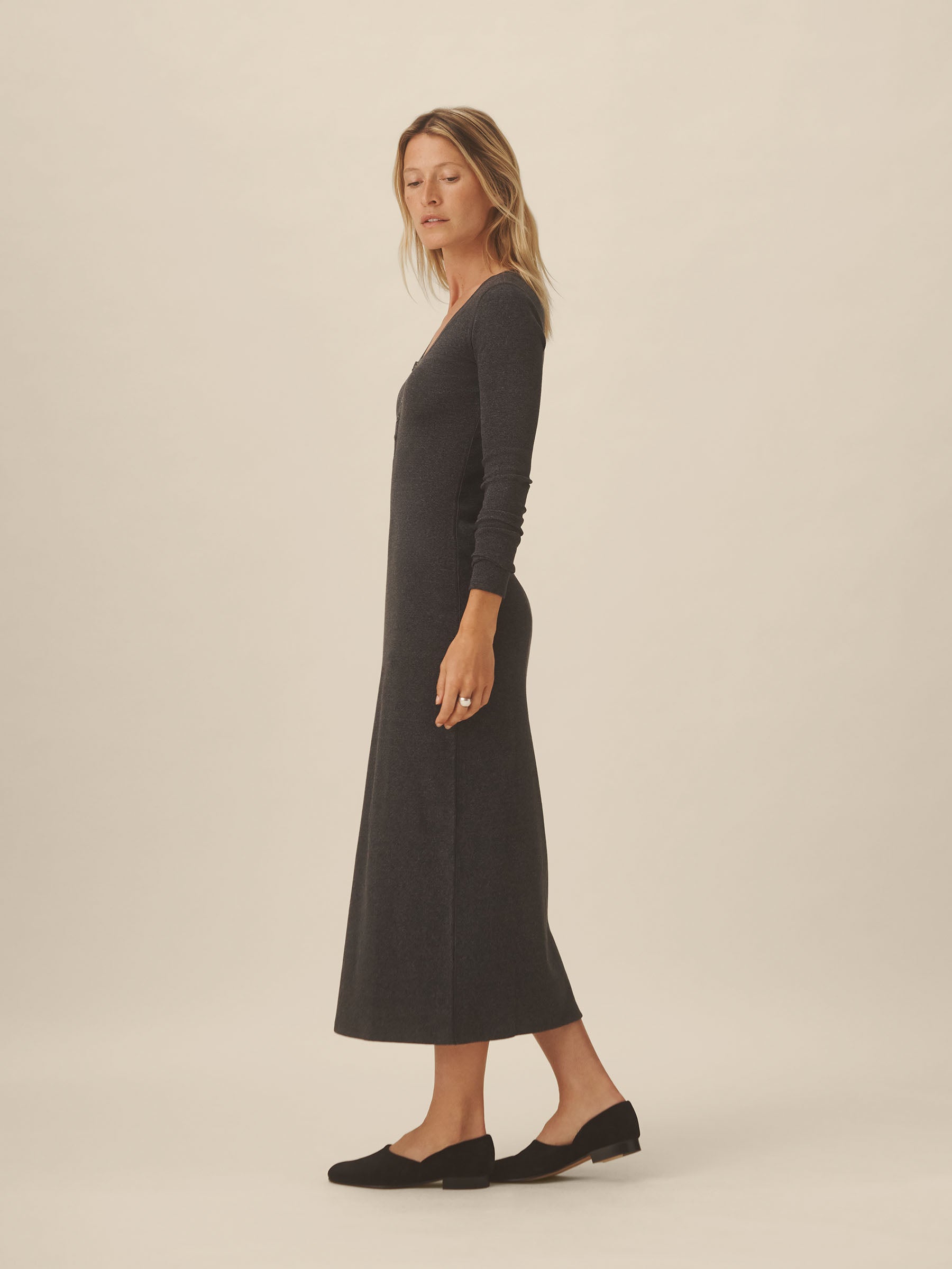 Dark Heather Grey Surplus Rib Scoop Henley Dress - Image 4