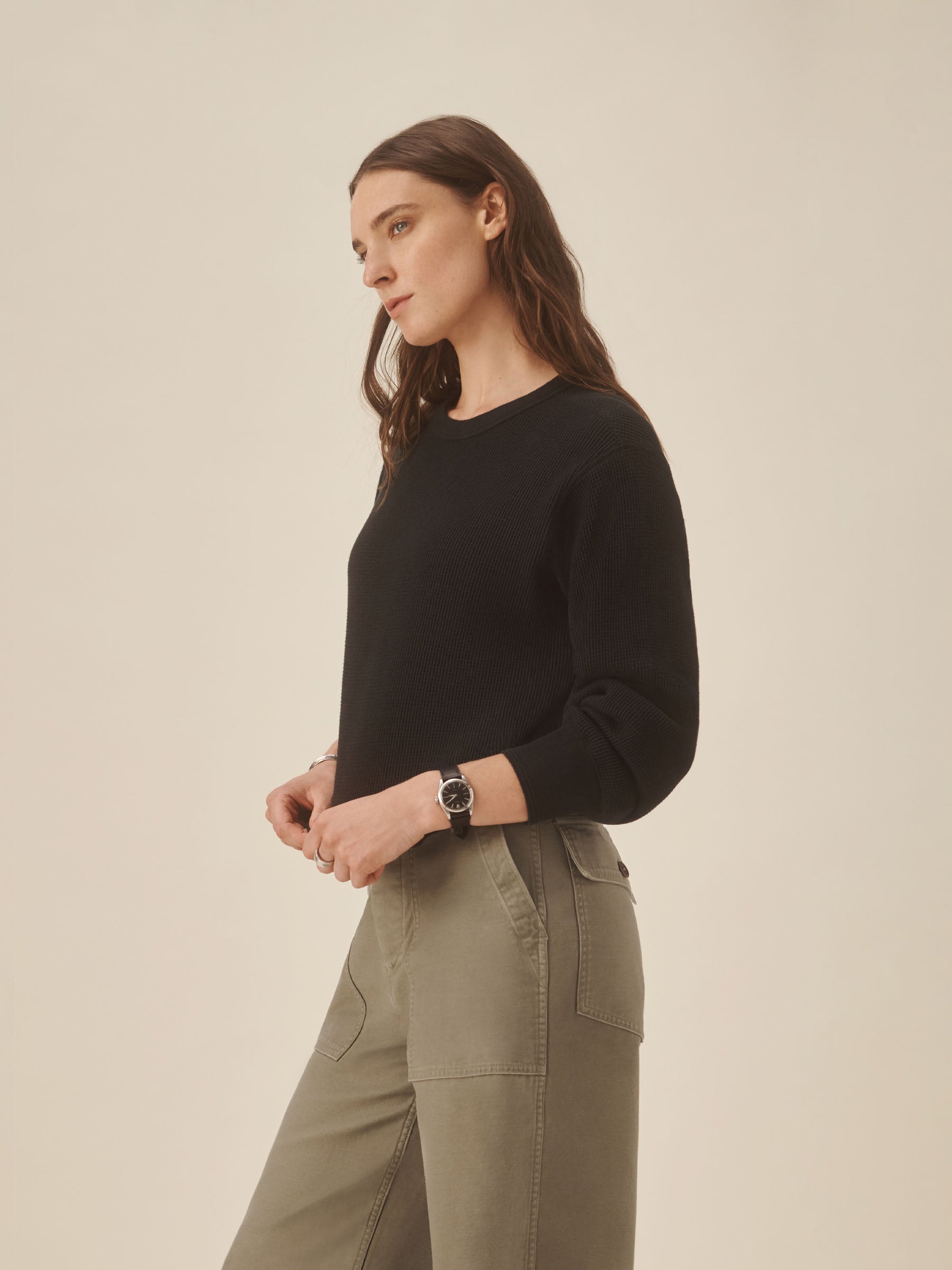 Alternative view of Black Toughknit Thermal Cropped L/S Crew