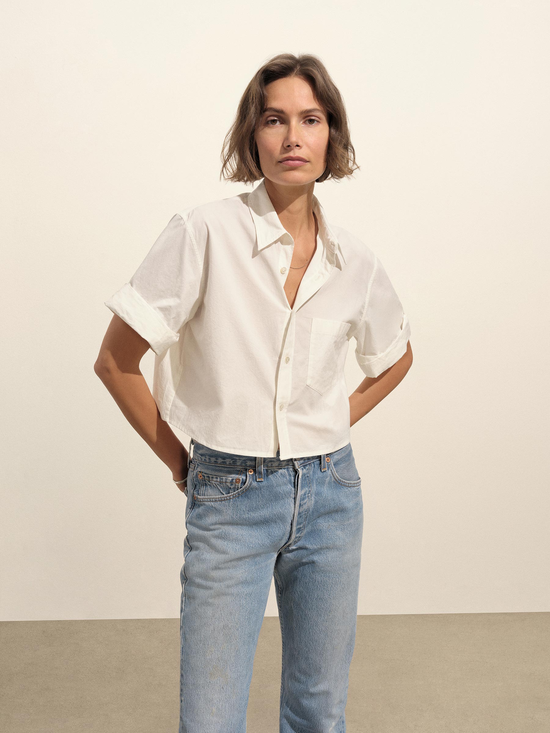Alternative view of White Mainstay Cotton Cut-Off Short Sleeve Button Down