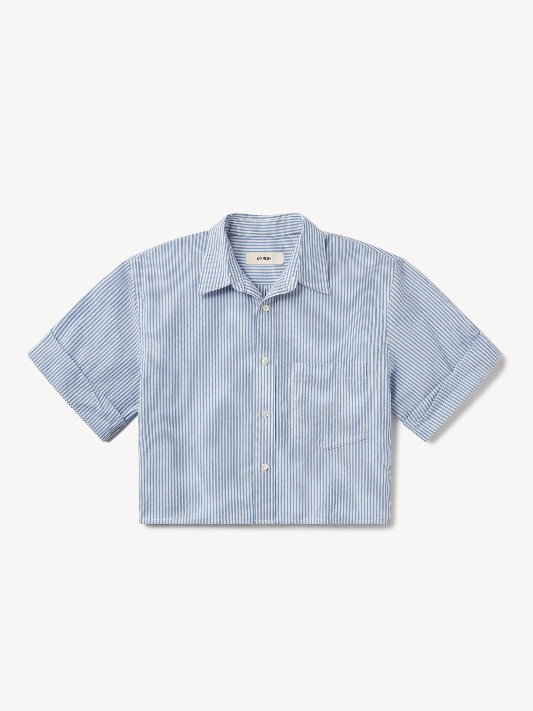 White/Sky Blue Hampton Mainstay Cotton Cut-Off Short Sleeve Button Down