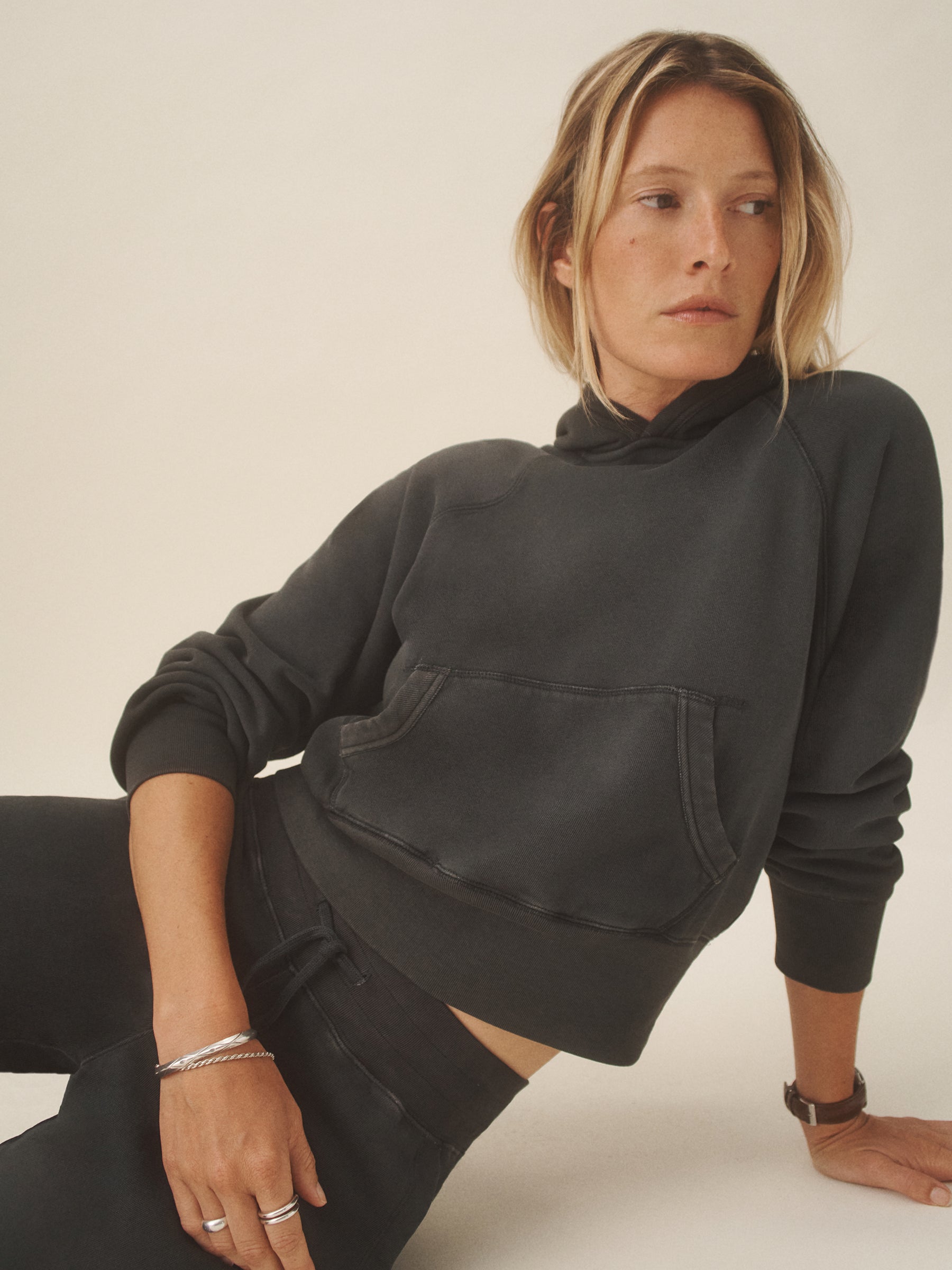 Soft Black Venice Wash Vintage Interloop Shrunken Hoodie