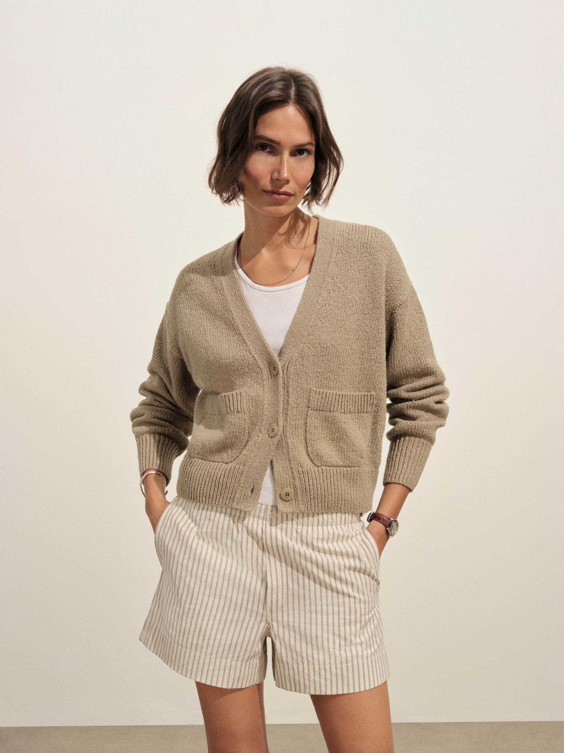 Alternative view of Washed Khaki Soft Spun Cotton Boxy Cardigan