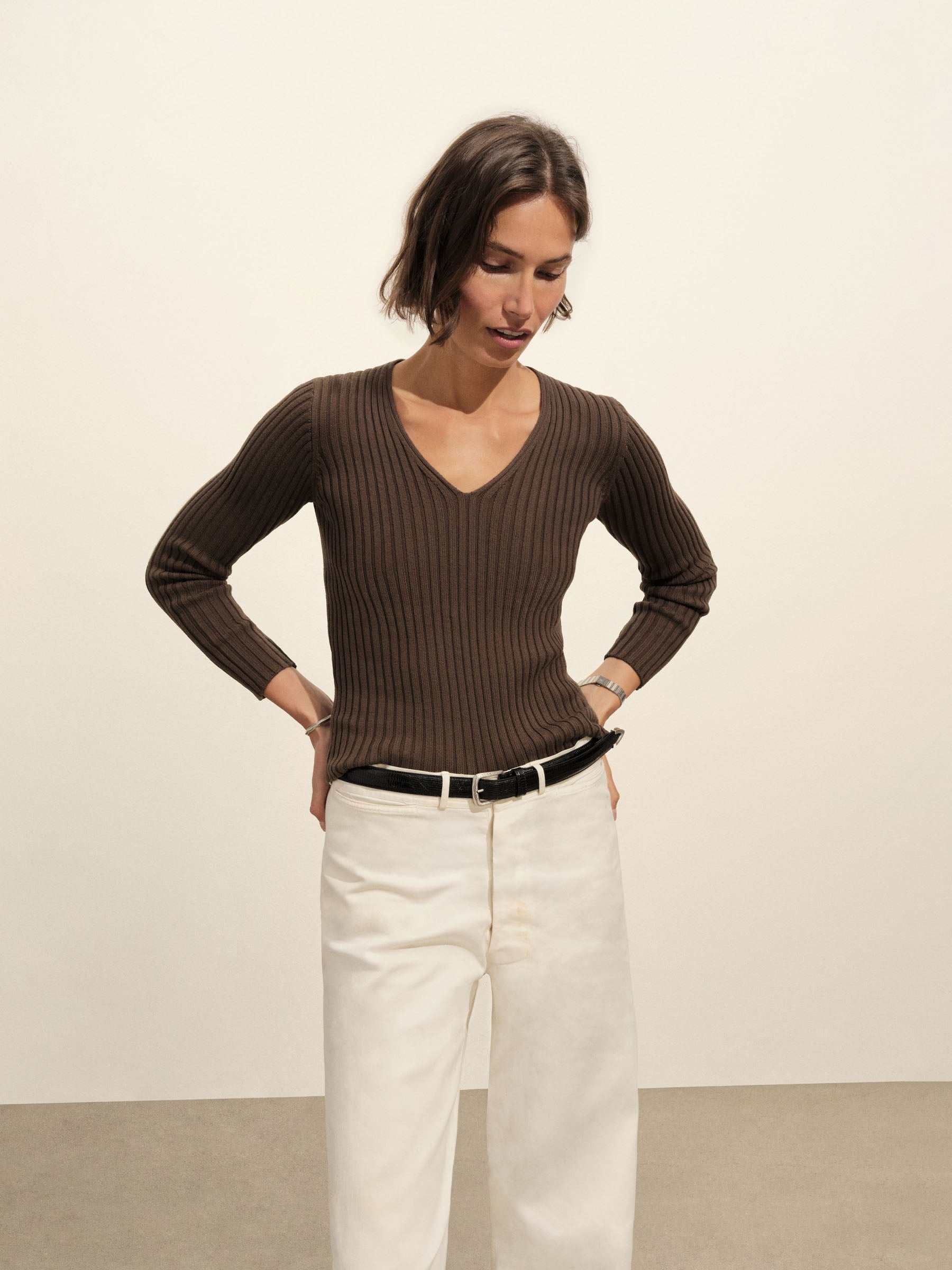 Burnt Chestnut Fluted Rib V-Neck Long Sleeve