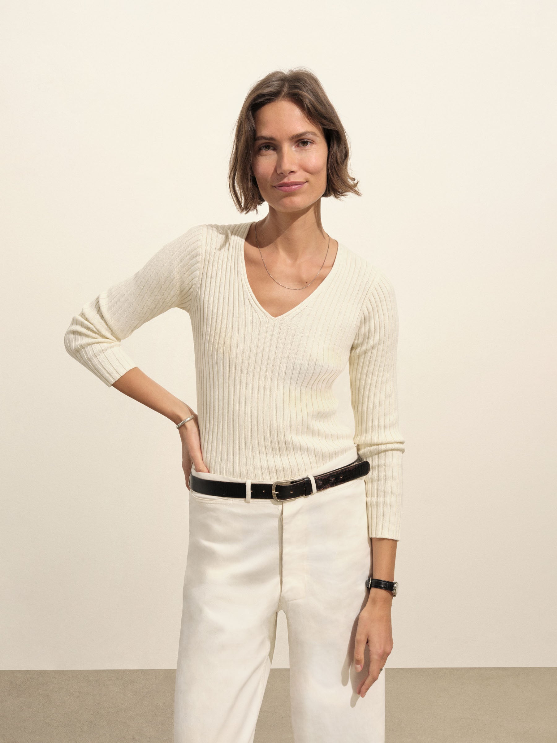 Natural Fluted Rib V-Neck Long Sleeve