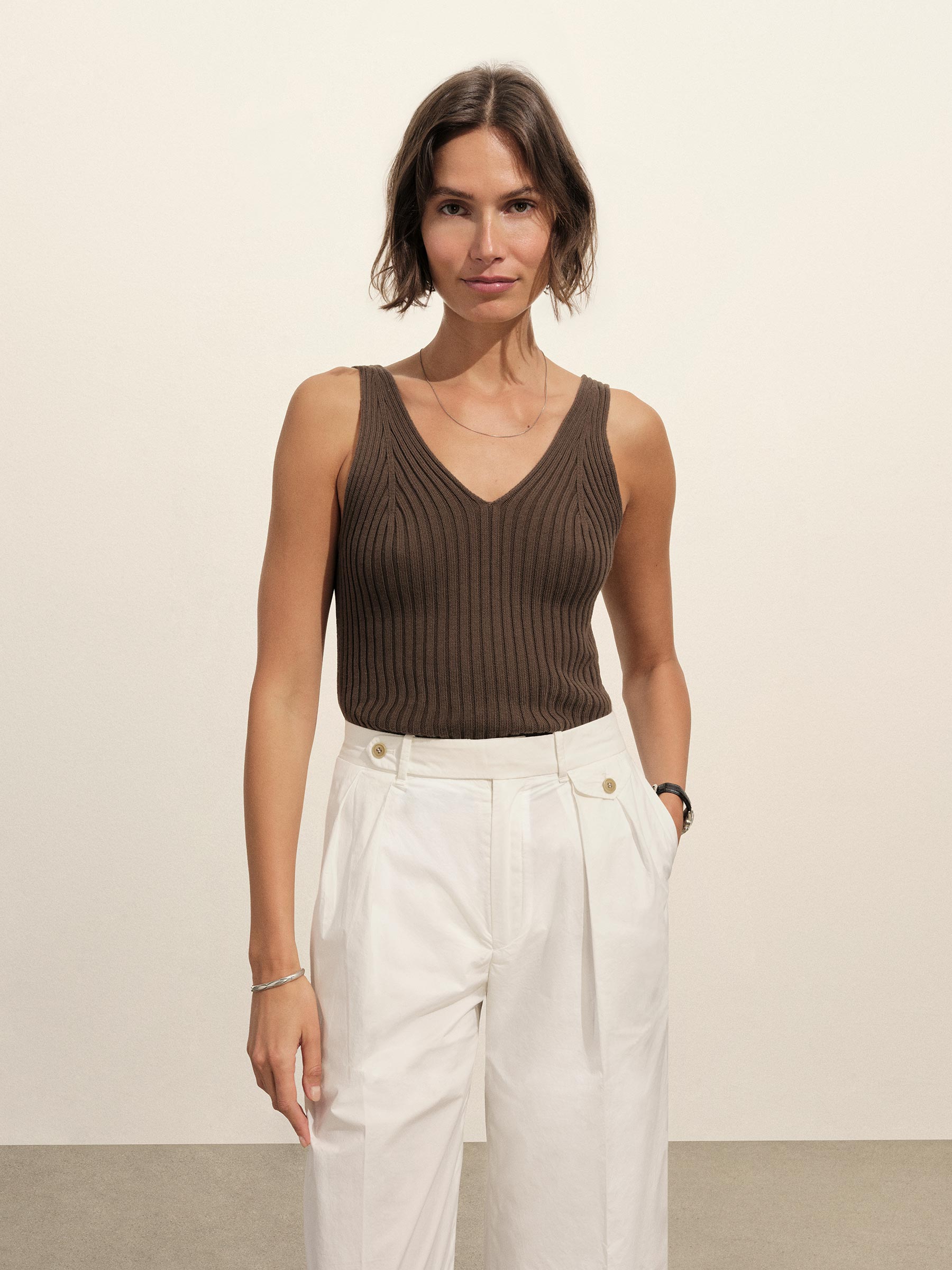 Alternative view of Burnt Chestnut Fluted Rib V-Neck Tank