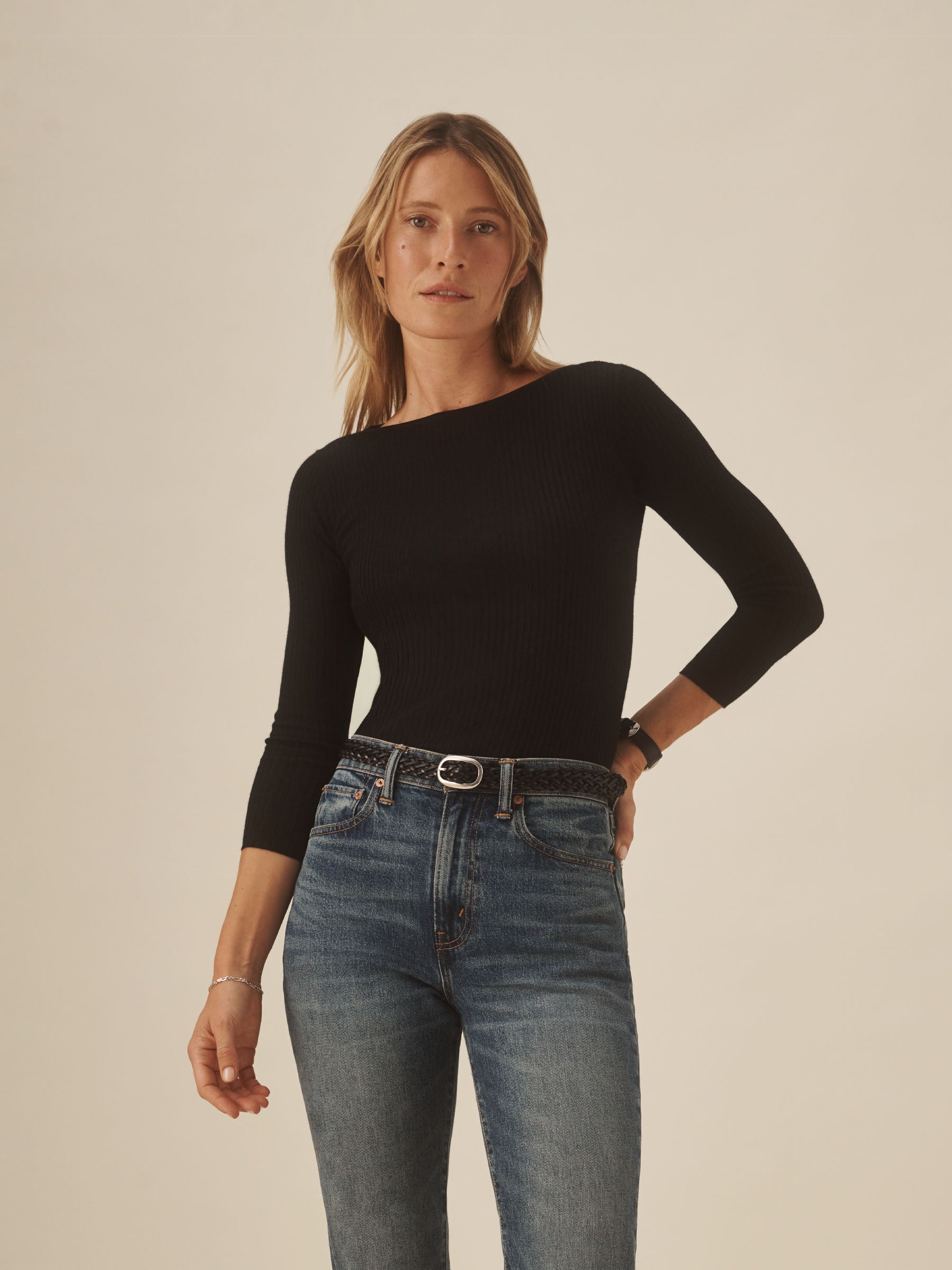Alternative view of Black Featherweight Silk Cashmere Bateau Neck L/S