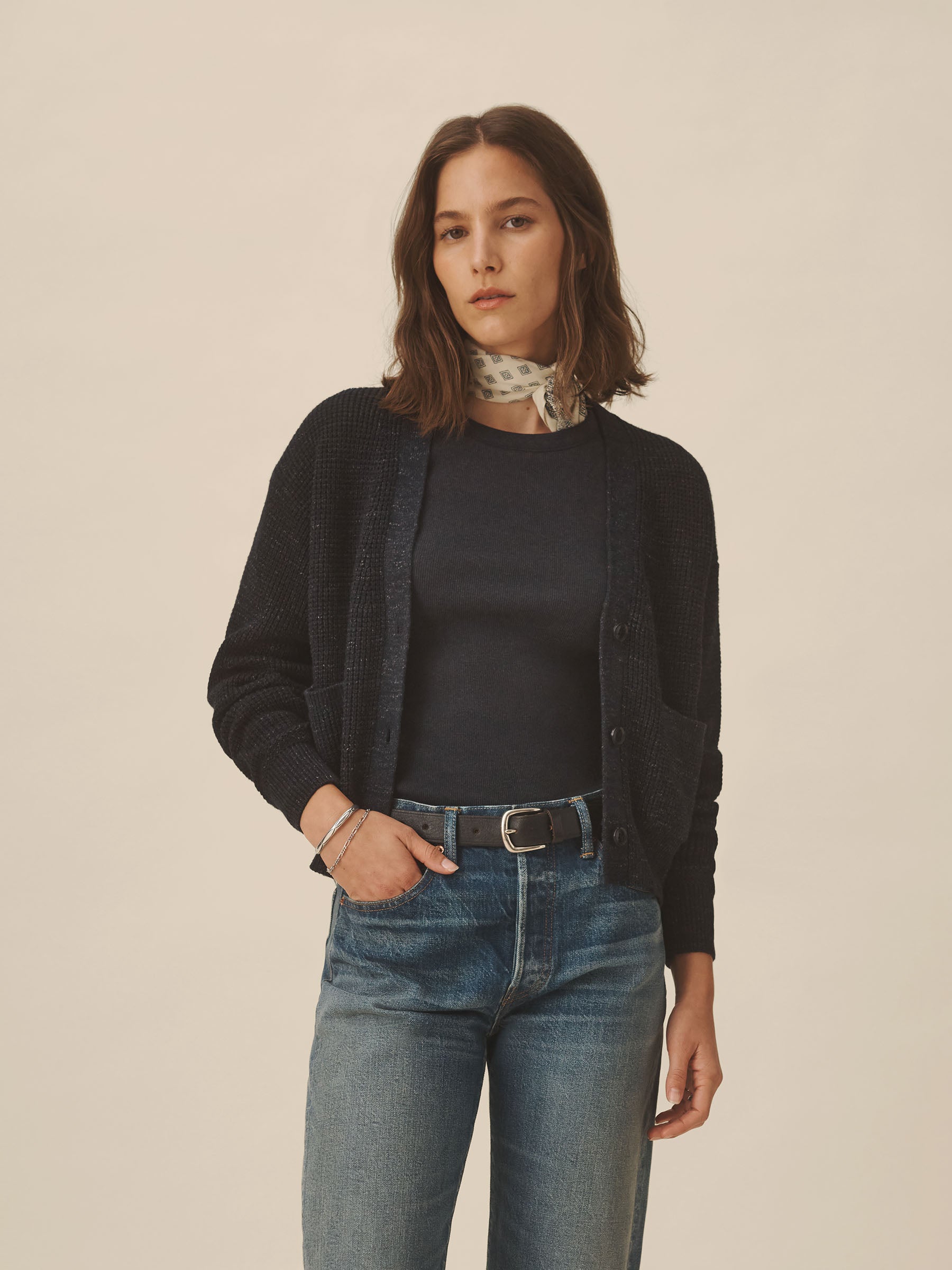 Alternative view of Marled Dark Navy Seafarer Cotton Cropped Cardigan