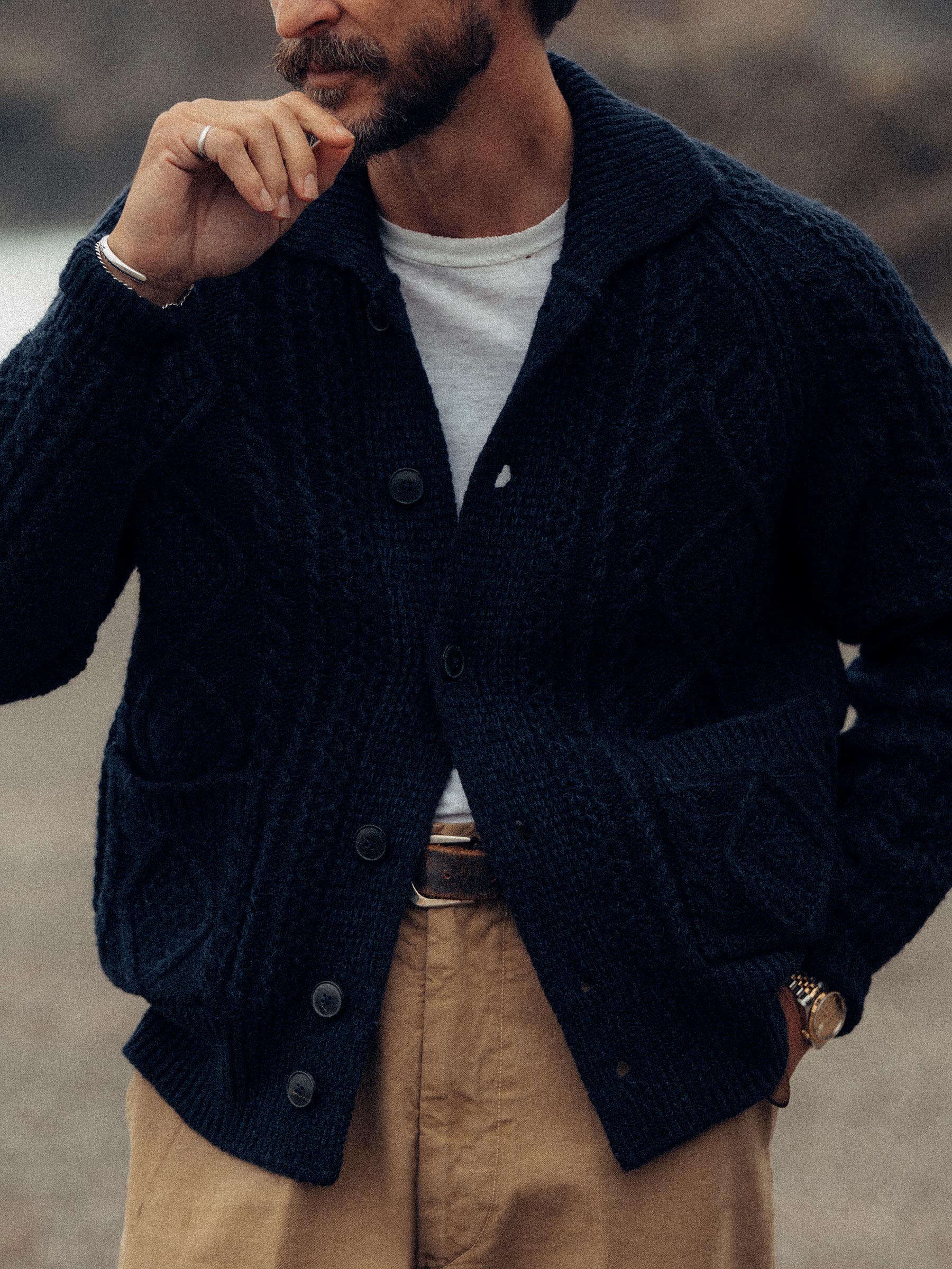 Alternative view of Midnight Seastack Wool Tweed Cable Cardigan