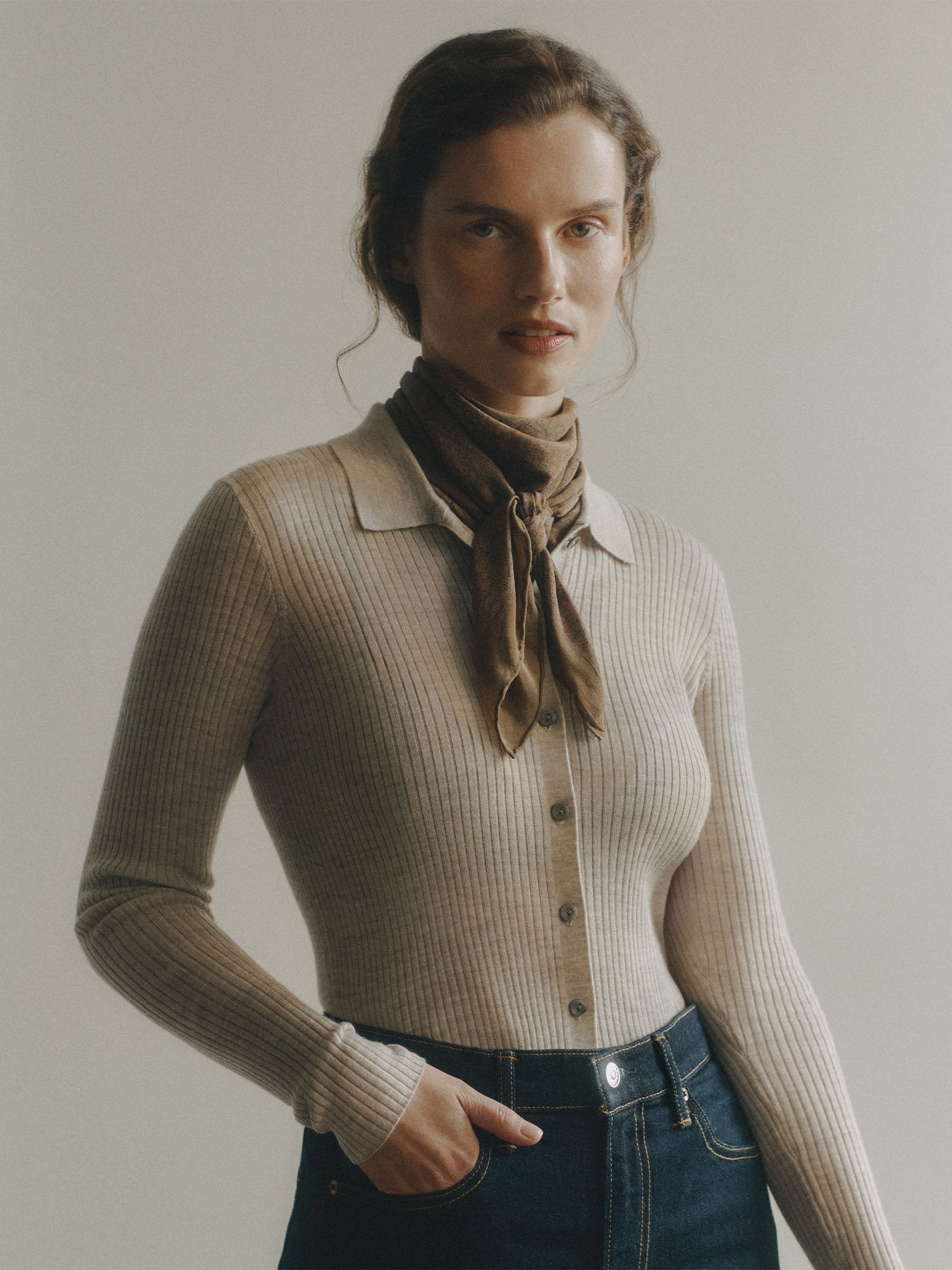 Alternative view of Heather Oat Featherweight Silk Cashmere Collared Cardigan
