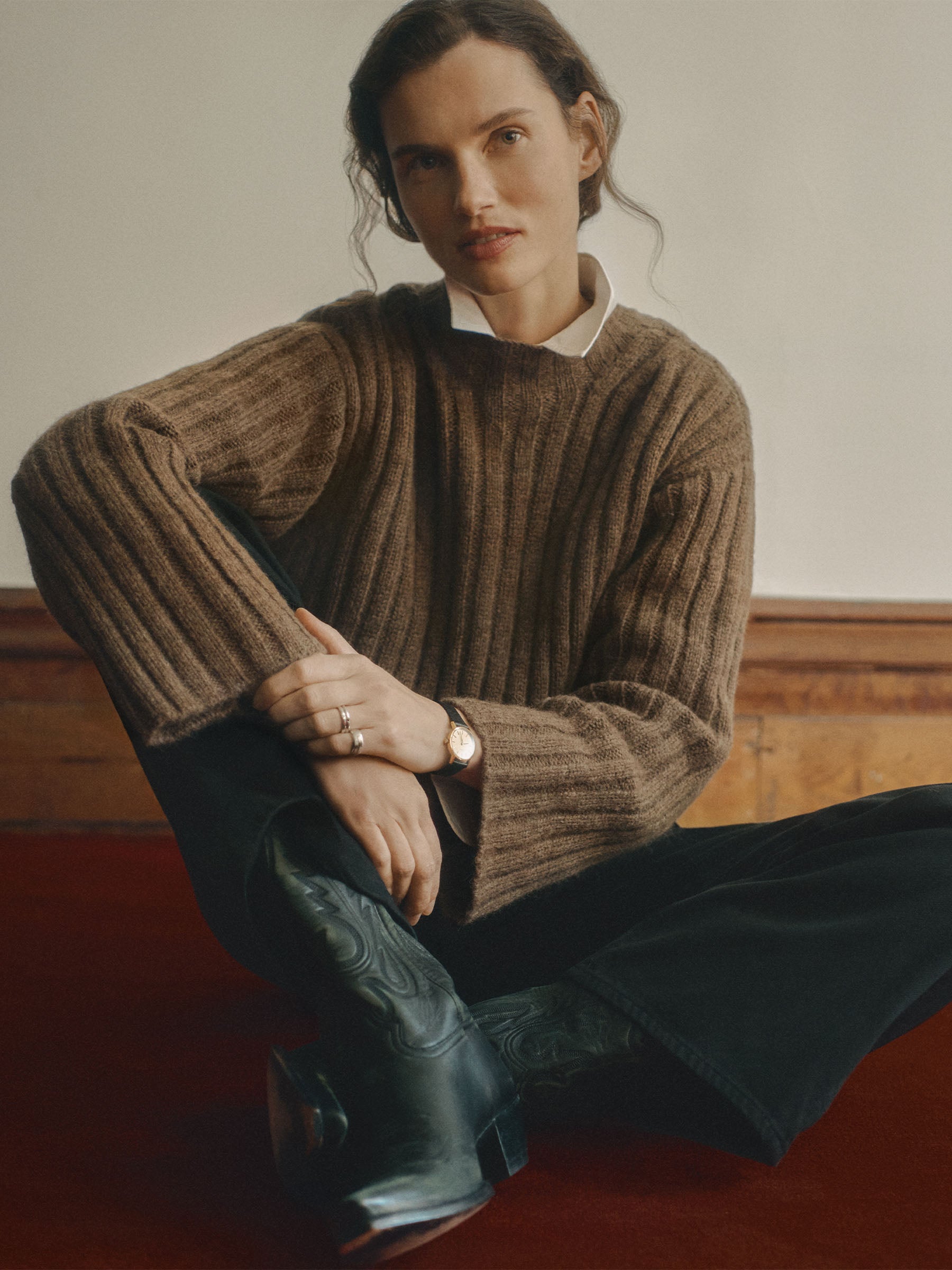 Alternative view of Marled Chestnut Highland Alpaca Bolded Rib Turtleneck